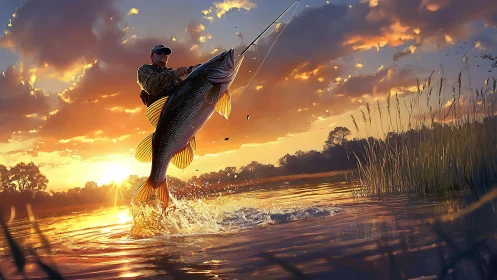 Sunset angler reeling in a giant catch on glowing water.