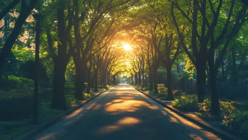 Sunlit tree lined urban pathway with long morning shadows.