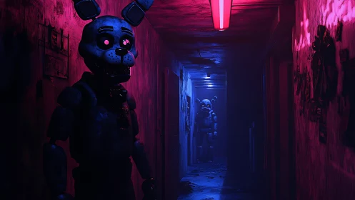 Dual animatronic figures in neon-lit corridor with volumetric fog