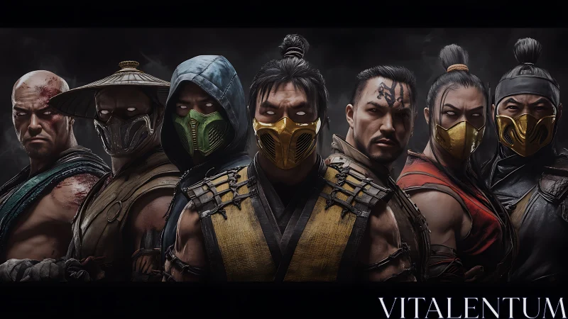 Seven masked warriors in dark, dramatic lineup portrait.