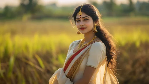 Golden village muse in traditional saree beneath soft sun.