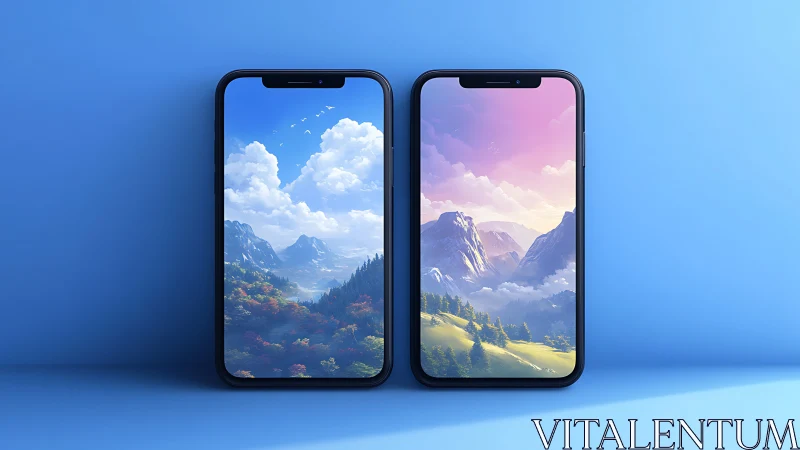 Dual smartphones with contrasting alpine vistas displayed.