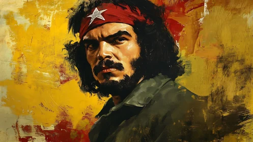 Portrait shows stern man in red headband against rough yellow