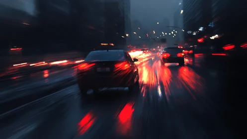Rainy city traffic glows with rushing red and golden lights
