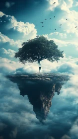 Solitary human on floating rock island with tree in clouds.