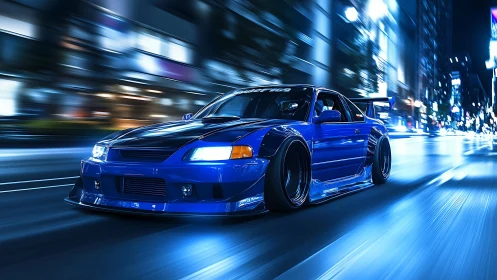 Blue street racer cuts through neon city lights at high speed