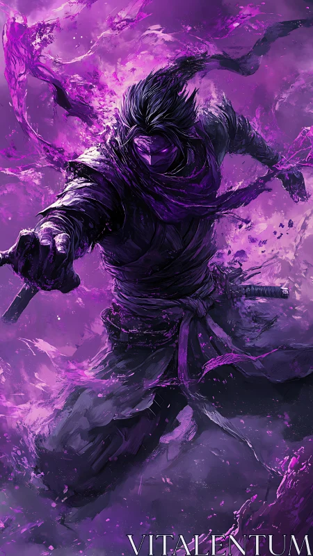 Shadowed purple warrior surging forward in swirling energy.