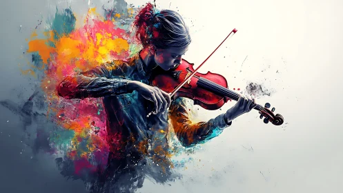 Violinist plays instrument amid exploding abstract colors