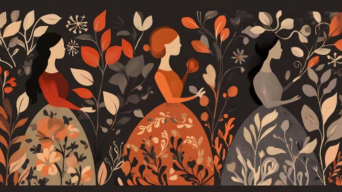 Three Elegant Women in Autumn Dresses, Modern Folk Art Style.