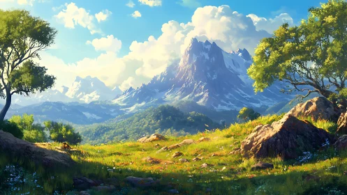 Sunlit mountain meadow opening onto bright drifting clouds.