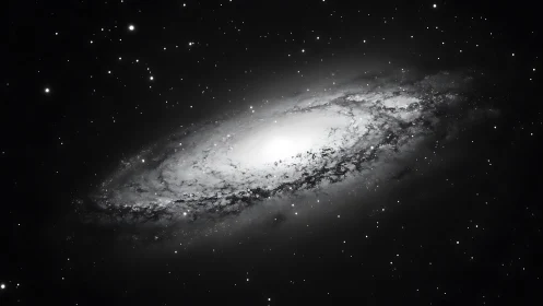 Spiral galaxy core in monochrome deep space portrait.