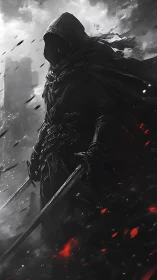 Hooded shadow warrior strides through storm and embers
