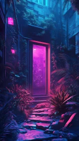 Neon jungle doorway glows in a moody futuristic alleyway