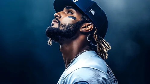 Under stadium skies, a focused ballplayer studies the light.