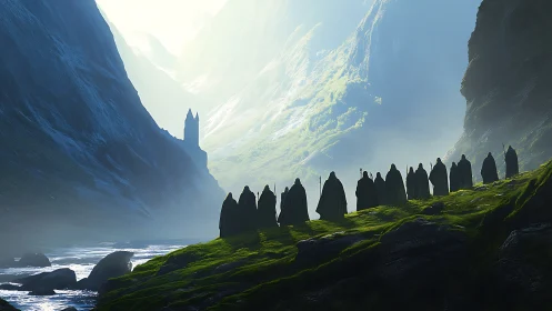 Processional cloaked figures traverse misted valley toward distant spire