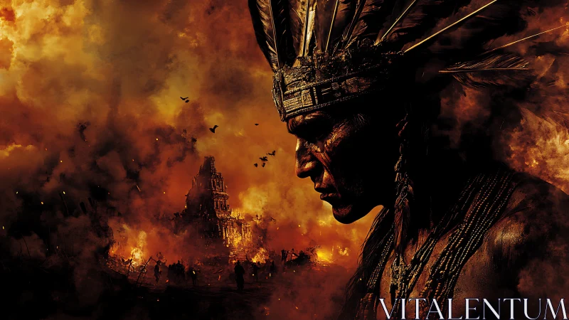 Fiery warrior profile gazes over a burning ancient city