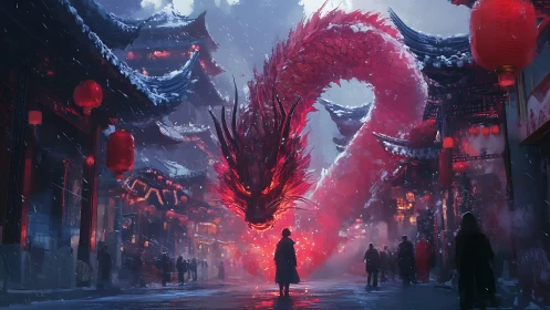 Red serpentine dragon form intersects winter urban street scene