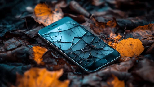 Shattered phone rests quietly among soft autumn leaves