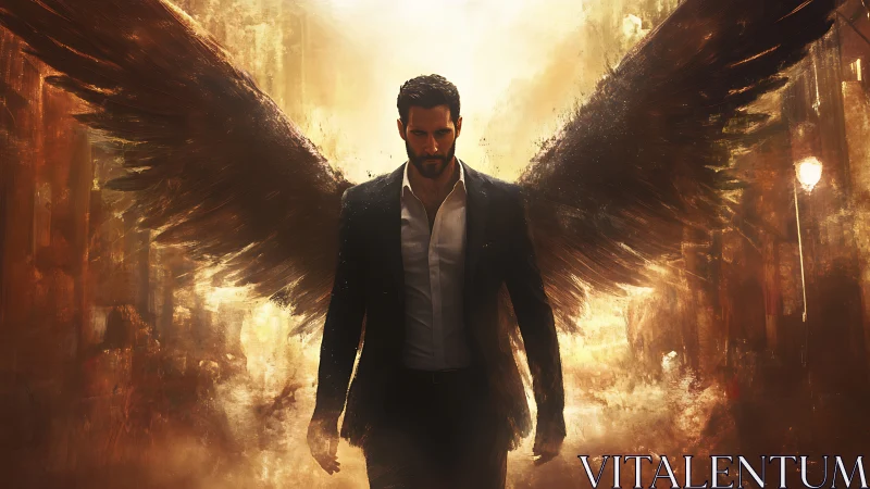 Winged male figure walks forward through abstract lit corridor