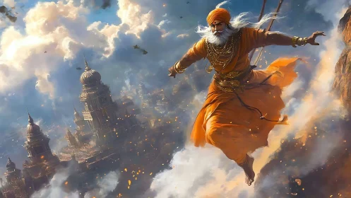 Dynamic warrior ascends above domed cityscape in turbulent clouds