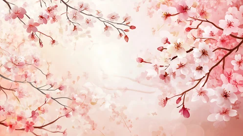 Cherry Blossom Cascade: Soft Pink Petals on Organic Brown Branches