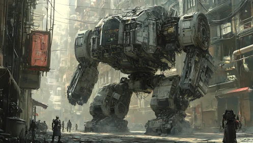 Heavily armored quadruped mech patrolling dense urban canyon.