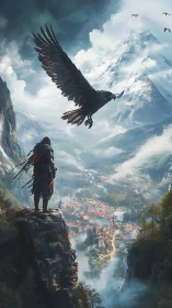 Lone wanderer and eagle watching over a misty valley town.
