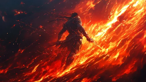 Flame‑wreathed warrior strides through a burning cosmic rift.
