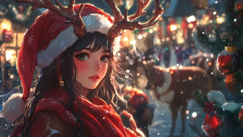 Reindeer crowned girl steals the glow of a winter street
