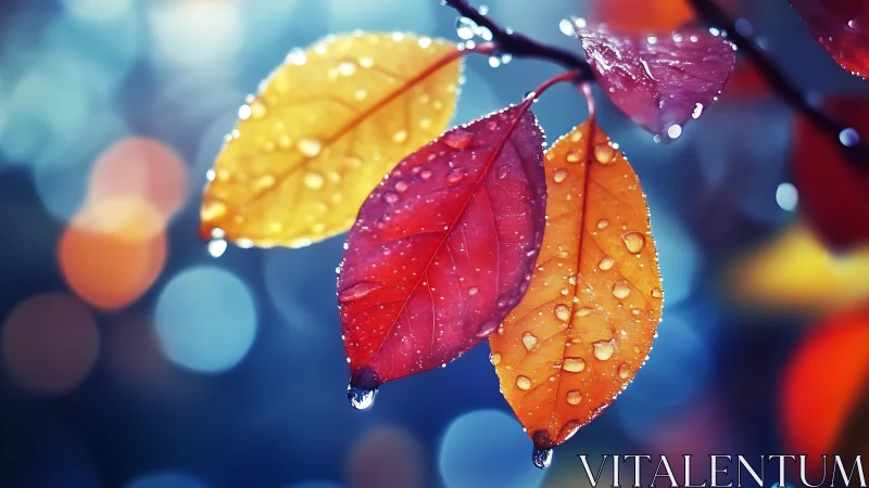 Autumn leaves glow under raindrops in dreamy bokeh light.