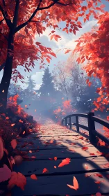 Autumn bridge pathway under swirling scarlet foliage at dawn.