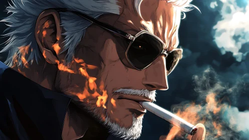 A weathered anime antihero smokes as flames trace his profile