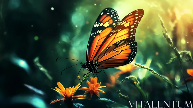 Radiant monarch butterfly resting in a dreamy garden glow.