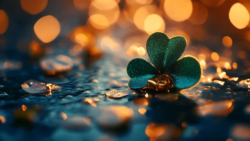 Glittering clover pendant glows against warm bokeh lights
