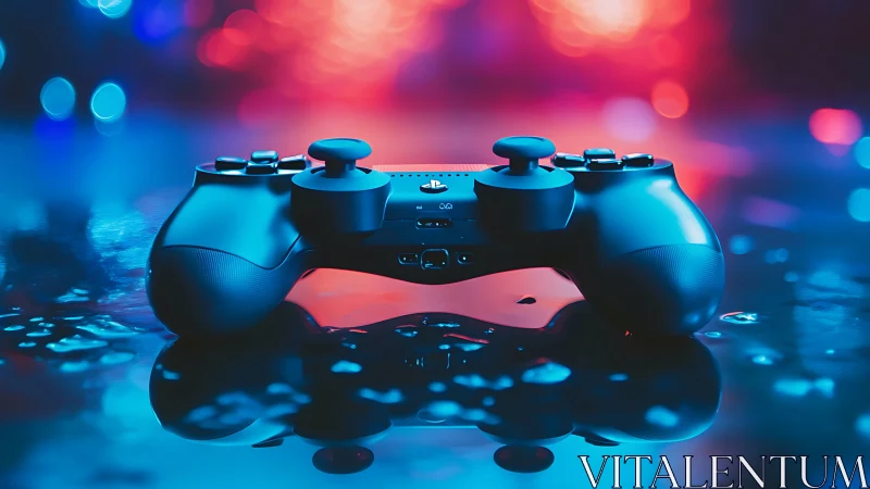 Game controller rests on wet reflective surface with neon bokeh