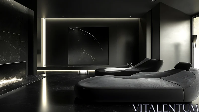 Minimalist dark lounge interior with curved chaise seating.