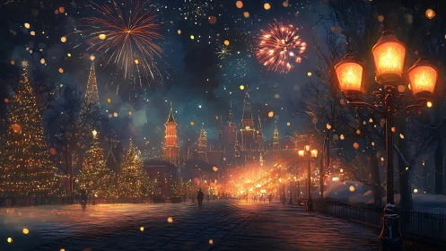 Urban winter square with fireworks and seasonal lighting.