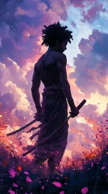 Samurai warrior silhouette against blazing sunset sky.