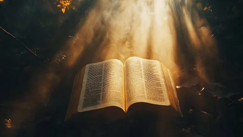 Photographic tableau of illuminated open book in forest chiaroscuro.