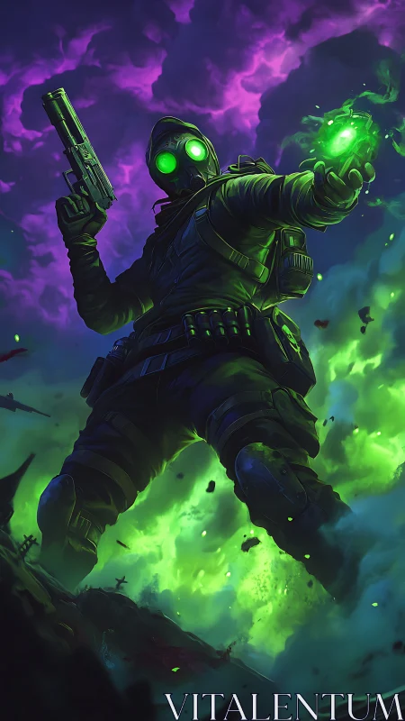 Radioactive soldier with glowing pistol and toxic core.