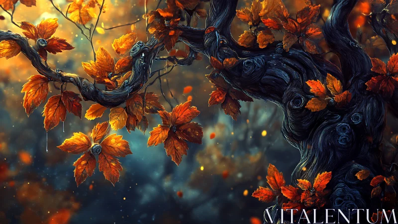 Twisting midnight trunk cradles ember-bright autumn leaves