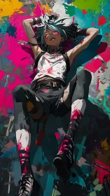 Neon street artist sprawled on abstract splatter mural ground