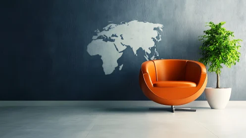 Cozy orange lounge chair invites calm beside a world map wall