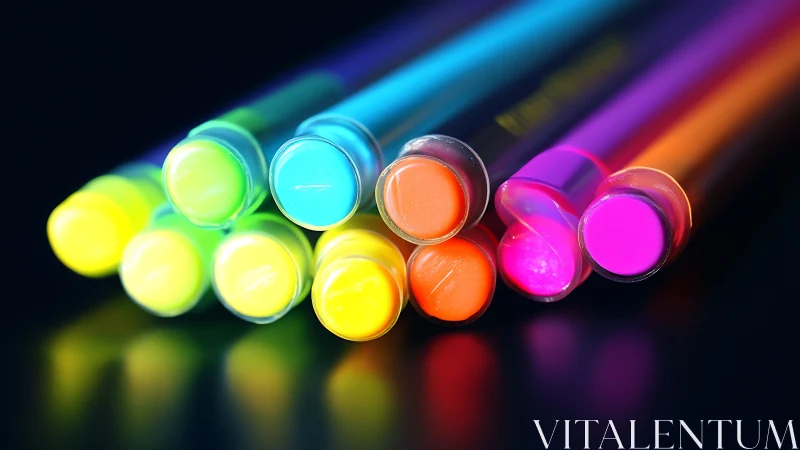 Neon gel pens aligned in radial stack on glossy black surface.