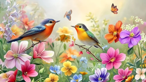 Chromatic songbirds within hyper-detailed floral ecosystem.