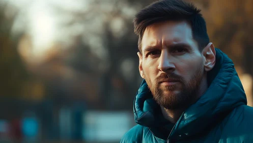 Winter-still portrait of a pensive man in teal jacket.