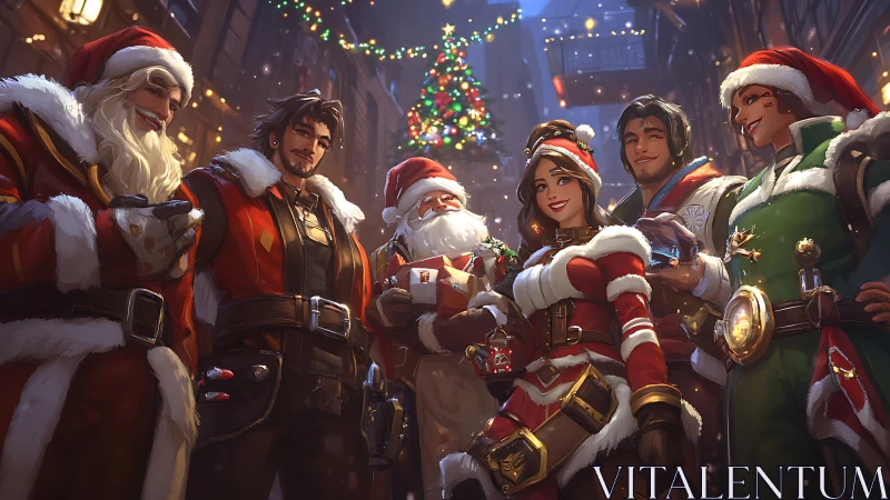 Holiday heroes trade gifts beneath a blazing alley tree