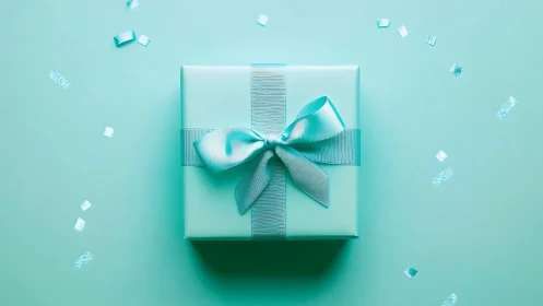 Delightful turquoise gift box with silk bow awaits a special celebration.