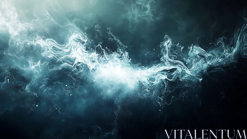 Abstract swirling white smoke on dark teal background, digital art.