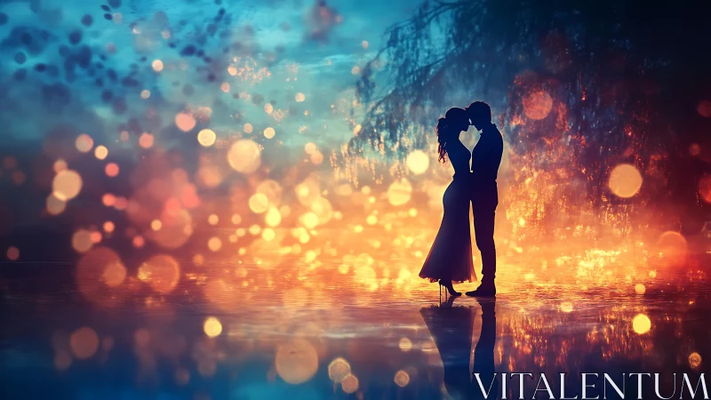 Silhouetted couple kiss amid golden bokeh and blue ambiance.